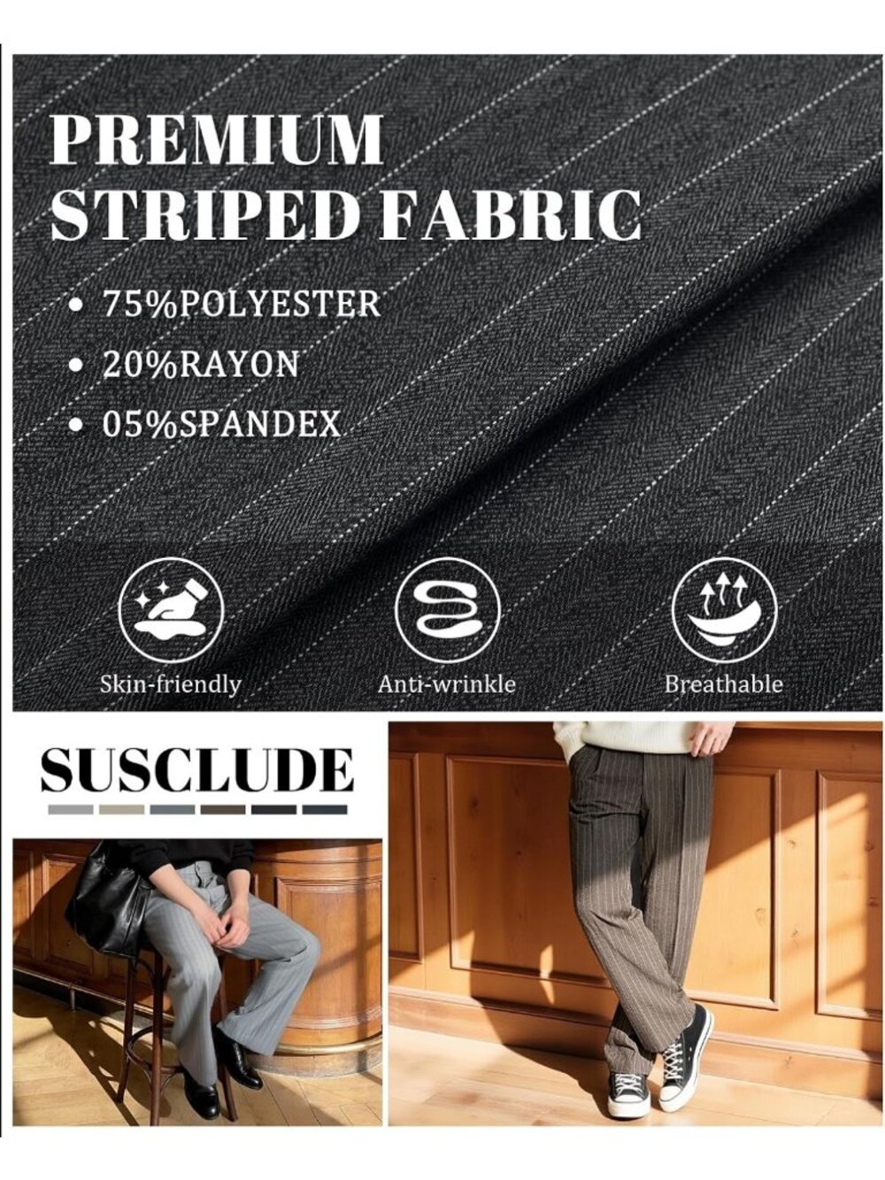 Stylish Men's Pinstripe Wide Leg Baggy Dress Pants | Pleated Loose Fit Trousers - Picture 4 of 7